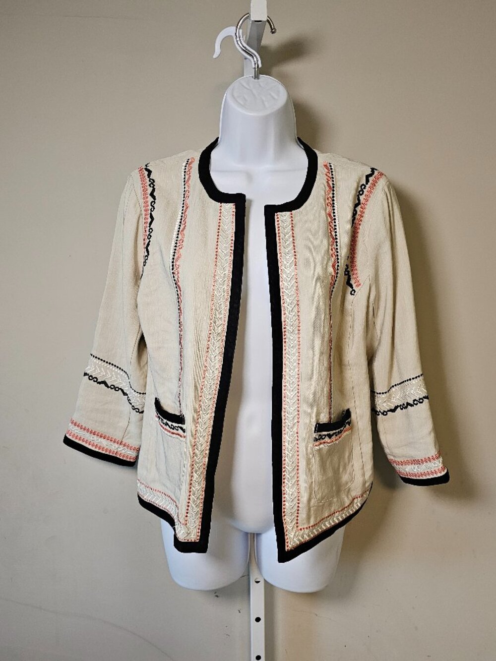 Sigrid Olsen Jacket Embroidered Boho Open Casual Cream 6